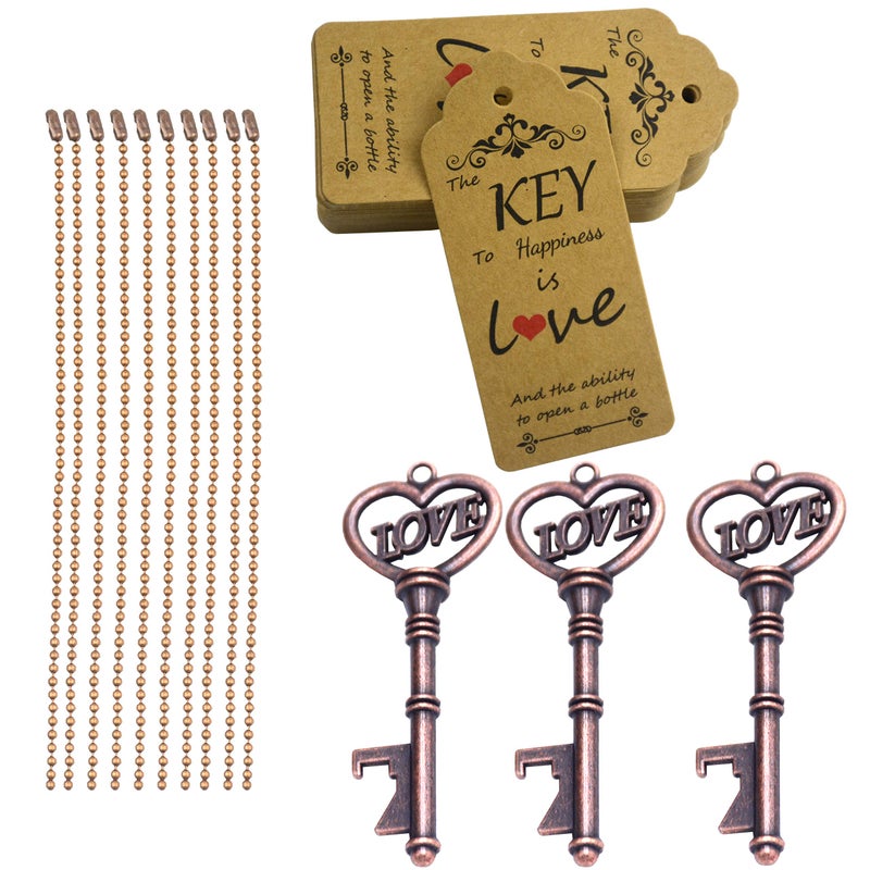 Makhry 52pcs Vintage Skeleton Key Bottle Opener with Love Heart Escort Tags and Keychain as Wedding Favor for Wedding Decor (Antique Copper) - Image 3